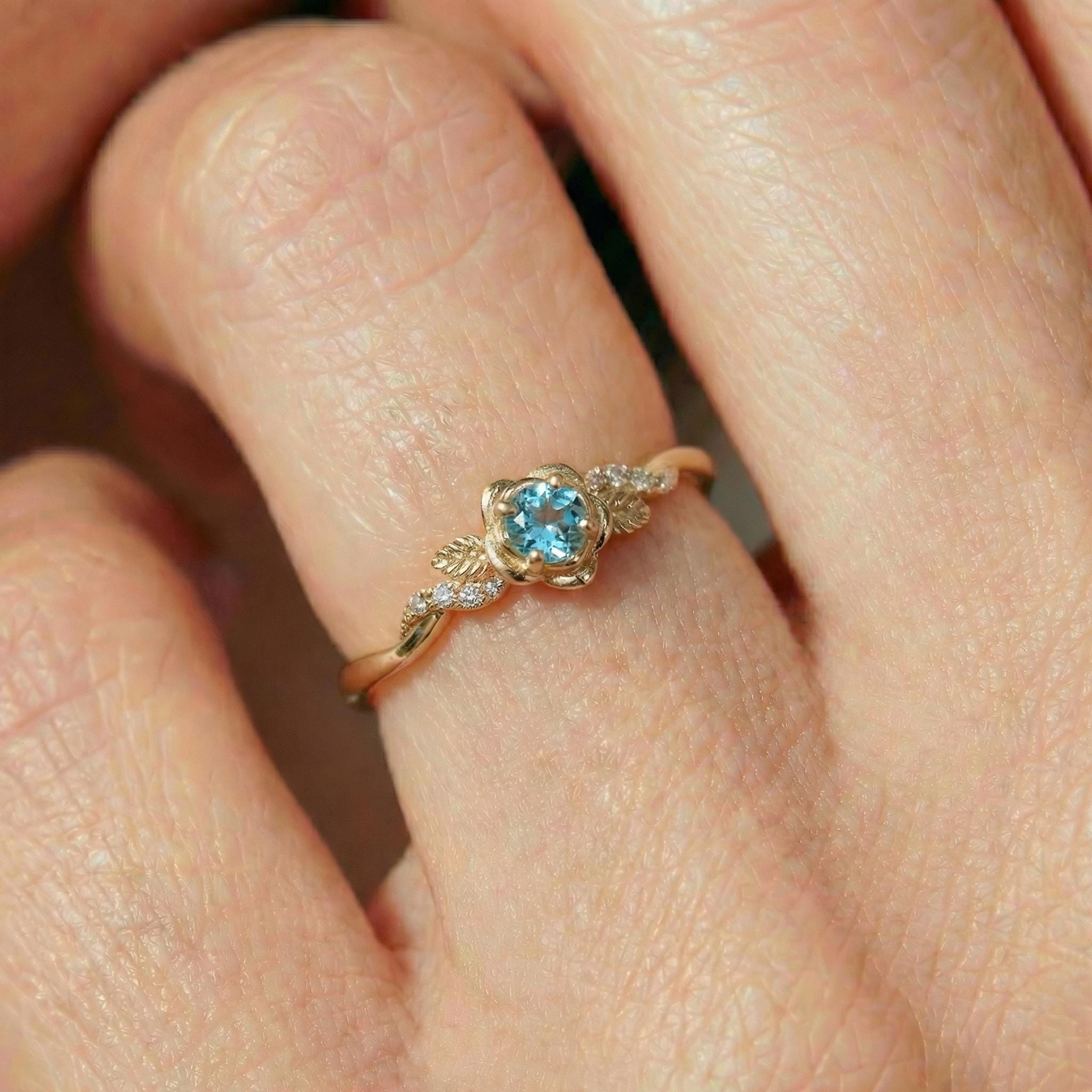 Flower Blue Zircon Engagement Ring, Floral Twist Promise Ring for Women, Nature Inspired Leaf Wedding Ring, December Birthstone