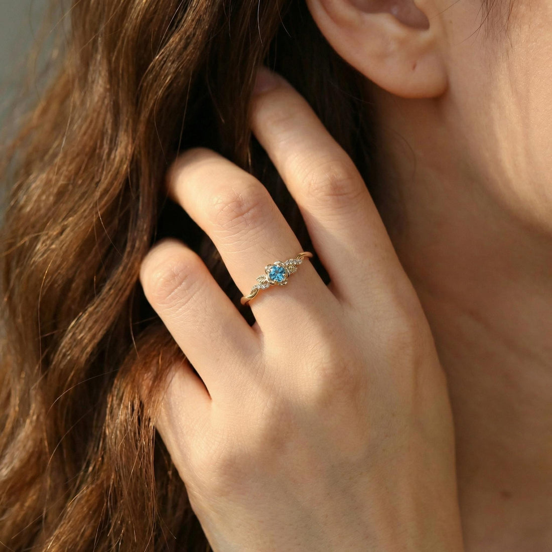 Flower Blue Zircon Engagement Ring, Floral Twist Promise Ring for Women, Nature Inspired Leaf Wedding Ring, December Birthstone