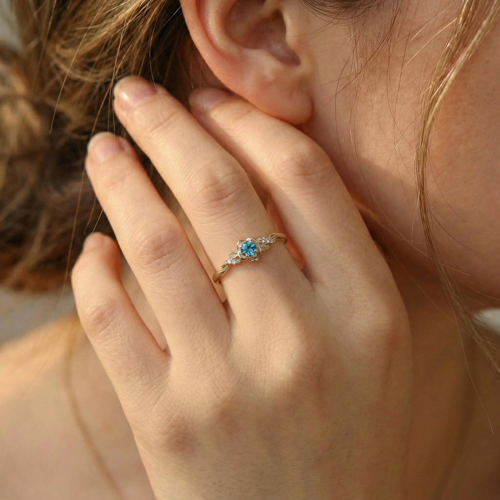 Flower Blue Zircon Engagement Ring, Floral Twist Promise Ring for Women, Nature Inspired Leaf Wedding Ring, December Birthstone