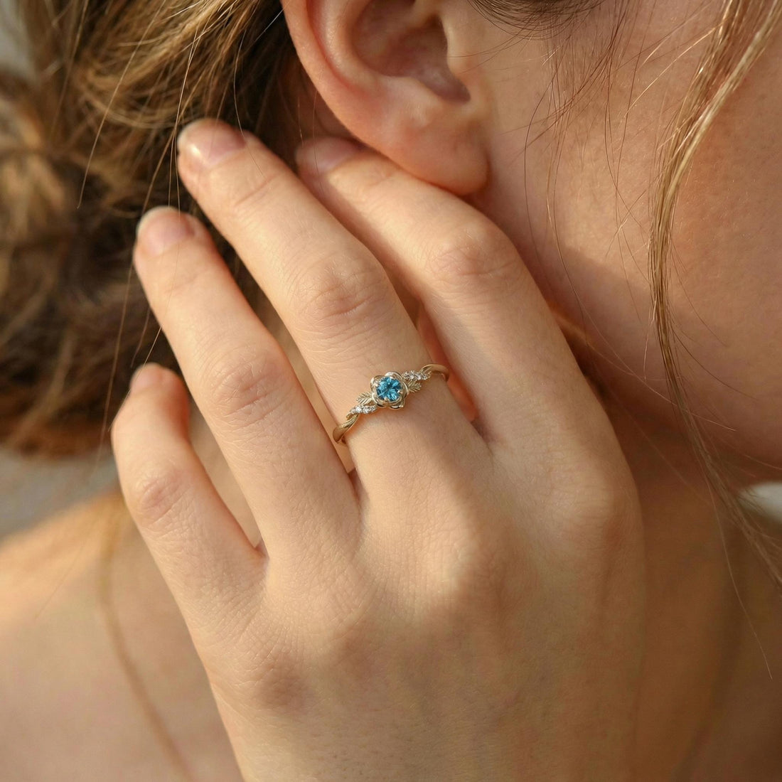 Flower Blue Zircon Engagement Ring, Floral Twist Promise Ring for Women, Nature Inspired Leaf Wedding Ring, December Birthstone