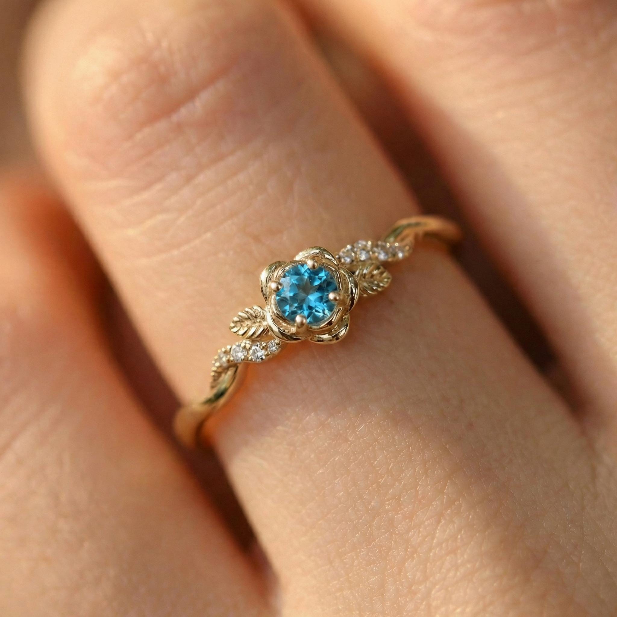 Flower Blue Zircon Engagement Ring, Floral Twist Promise Ring for Women, Nature Inspired Leaf Wedding Ring, December Birthstone