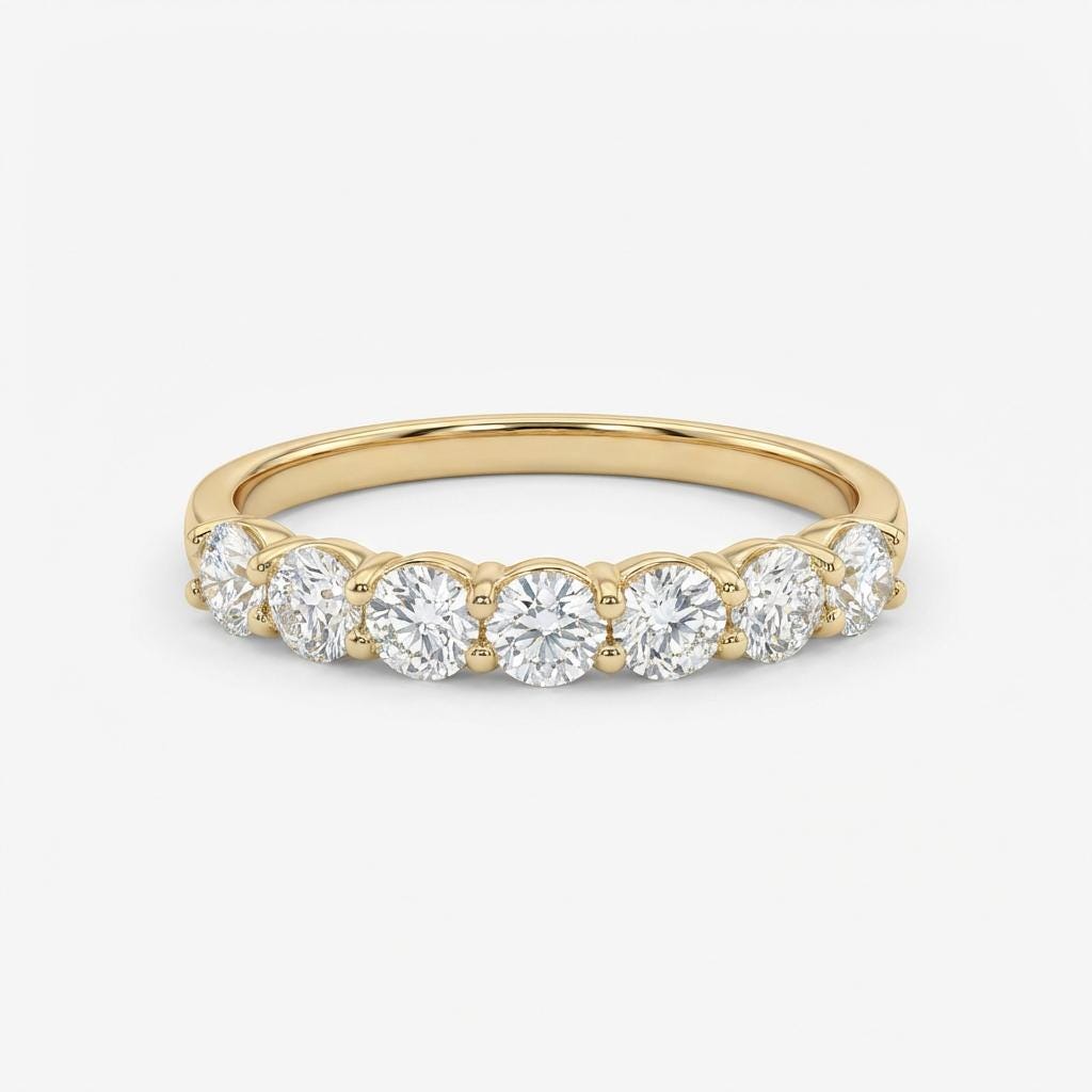 Seven Stone Round Lab Diamond Stacking Ring, Conflict Free Diamond Anniversary Ring , Travel Ring Wedding Band, U Prong Band