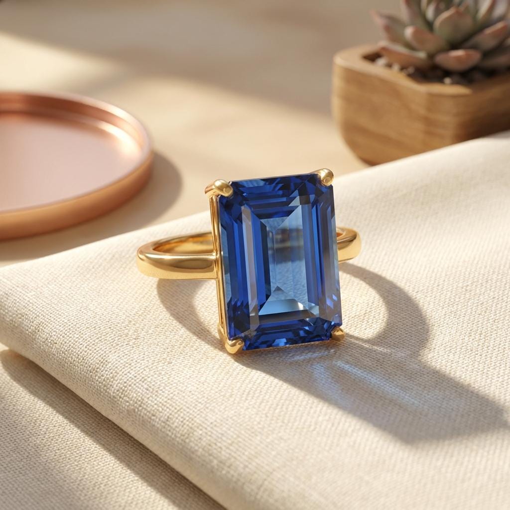 Large Blue Sapphire Ring, Emerald Cut 12 x 16 Sapphire Ring, 14K Gold Statement Ring, September Birthstone, Gift For Mother