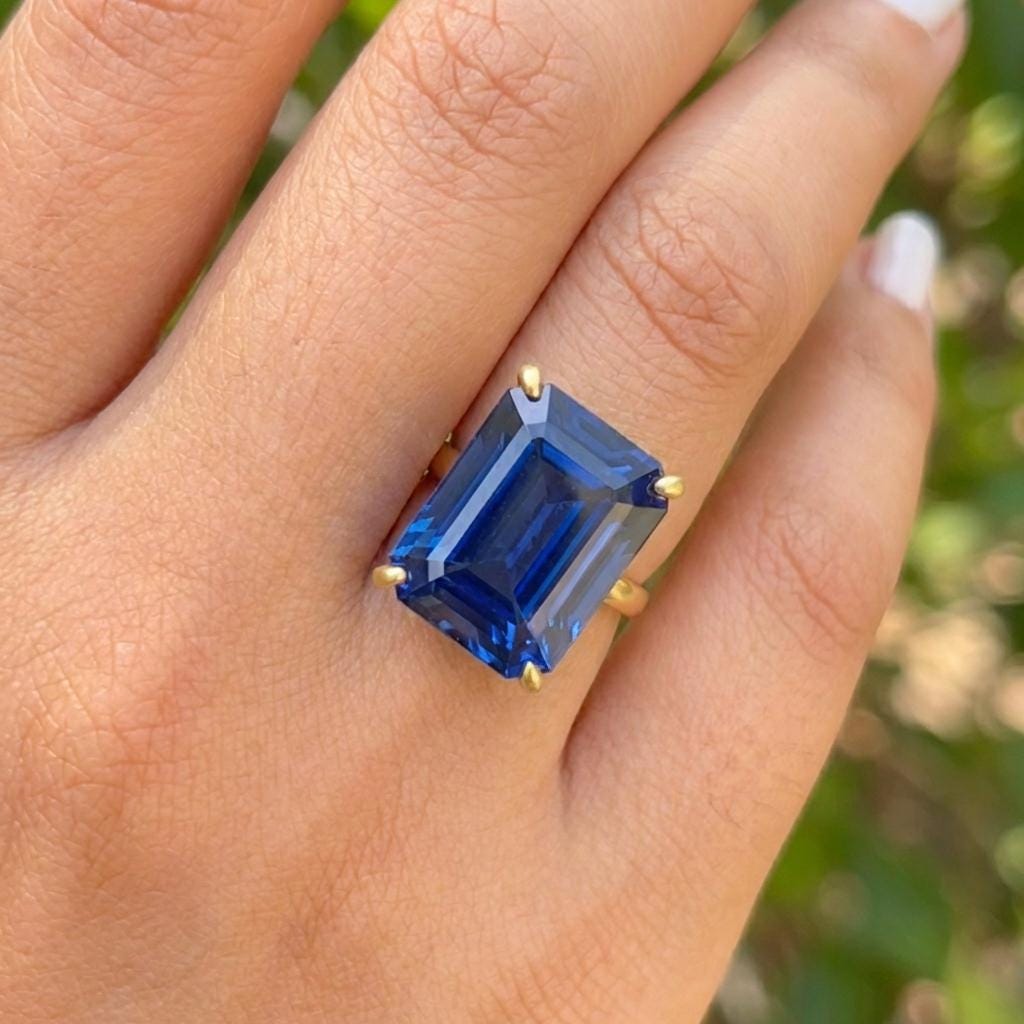 Large Blue Sapphire Ring, Emerald Cut 12 x 16 Sapphire Ring, 14K Gold Statement Ring, September Birthstone, Gift For Mother
