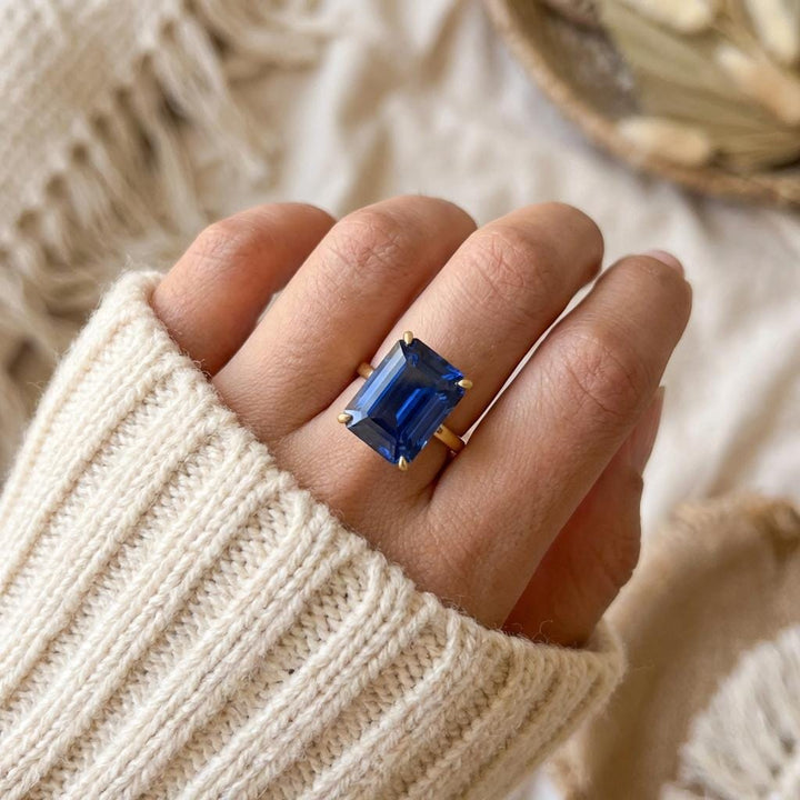 Large Blue Sapphire Ring, Emerald Cut 12 x 16 Sapphire Ring, 14K Gold Statement Ring, September Birthstone, Gift For Mother