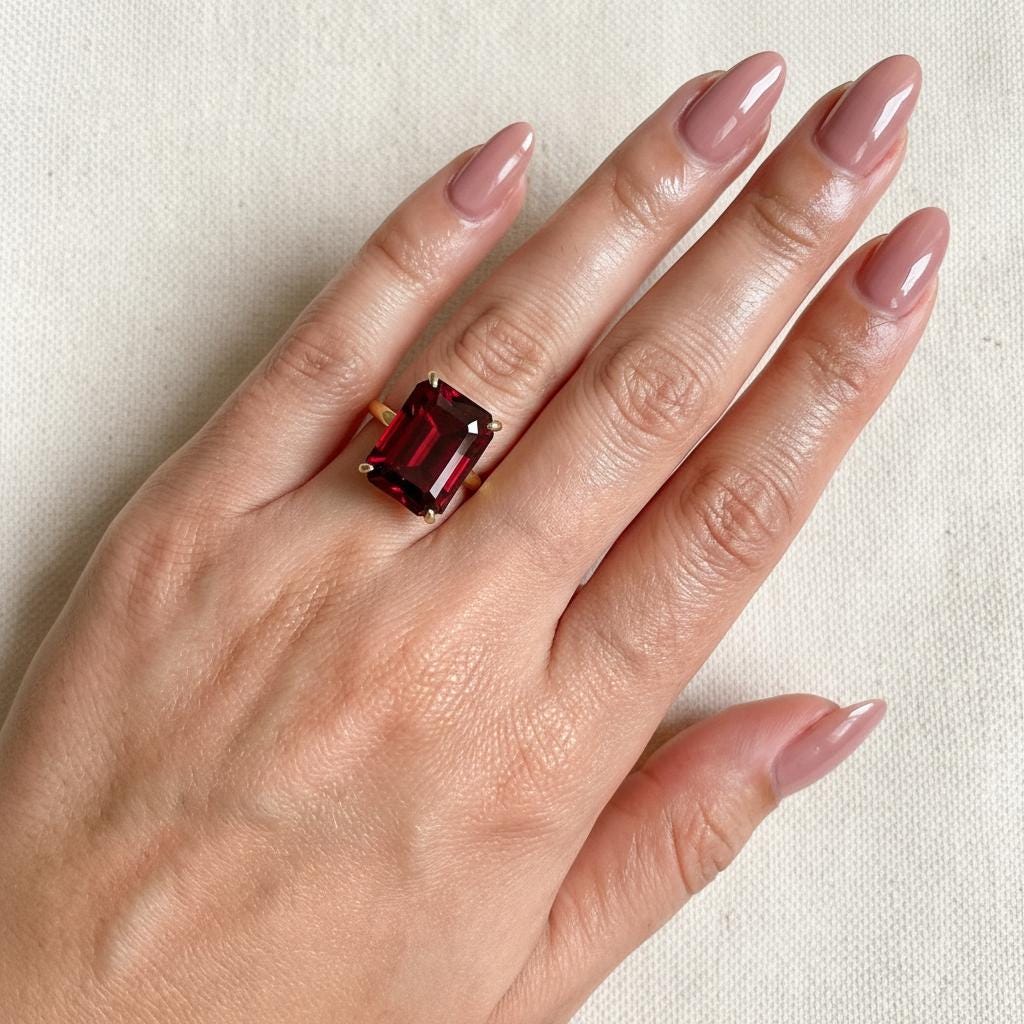 Large Garnet Ring, Emerald Cut 12 x 16 Garnet Ring, 14K Gold Statement Ring, January Birthstone, Gift For Mother