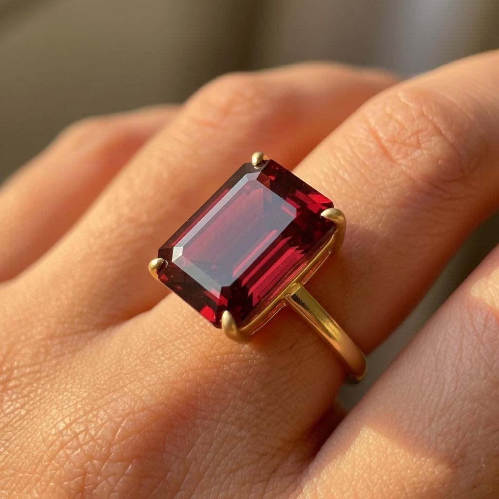 Large Garnet Ring, Emerald Cut 12 x 16 Garnet Ring, 14K Gold Statement Ring, January Birthstone, Gift For Mother