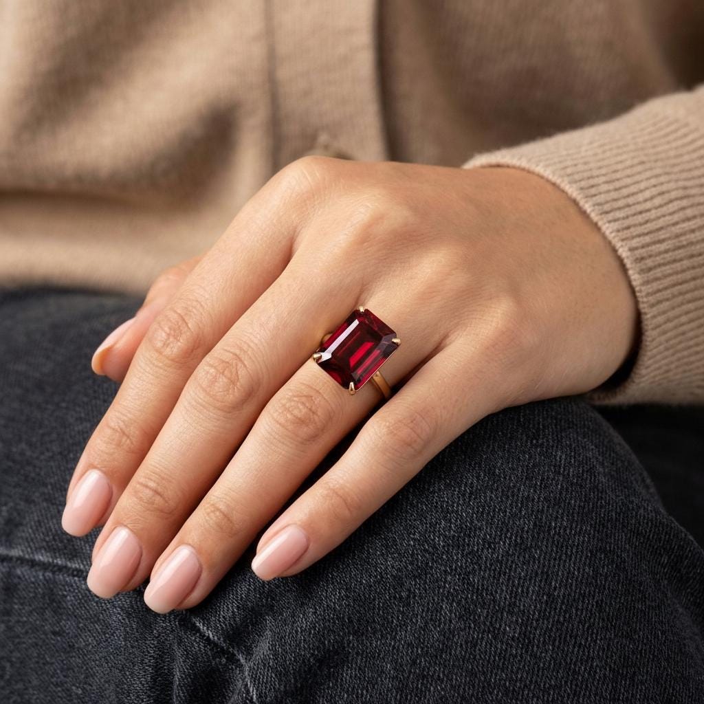 Large Garnet Ring, Emerald Cut 12 x 16 Garnet Ring, 14K Gold Statement Ring, January Birthstone, Gift For Mother
