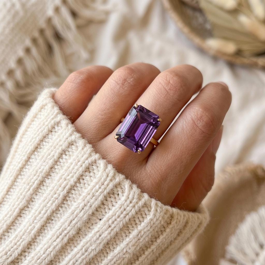 Large Amethyst Ring, Emerald Cut 12 x 16 Amethyst Ring, 14K Gold Statement Ring, February Birthstone, Gift For Mother