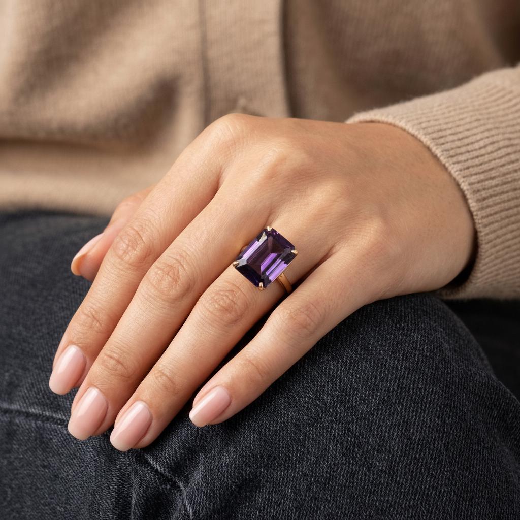Large Amethyst Ring, Emerald Cut 12 x 16 Amethyst Ring, 14K Gold Statement Ring, February Birthstone, Gift For Mother