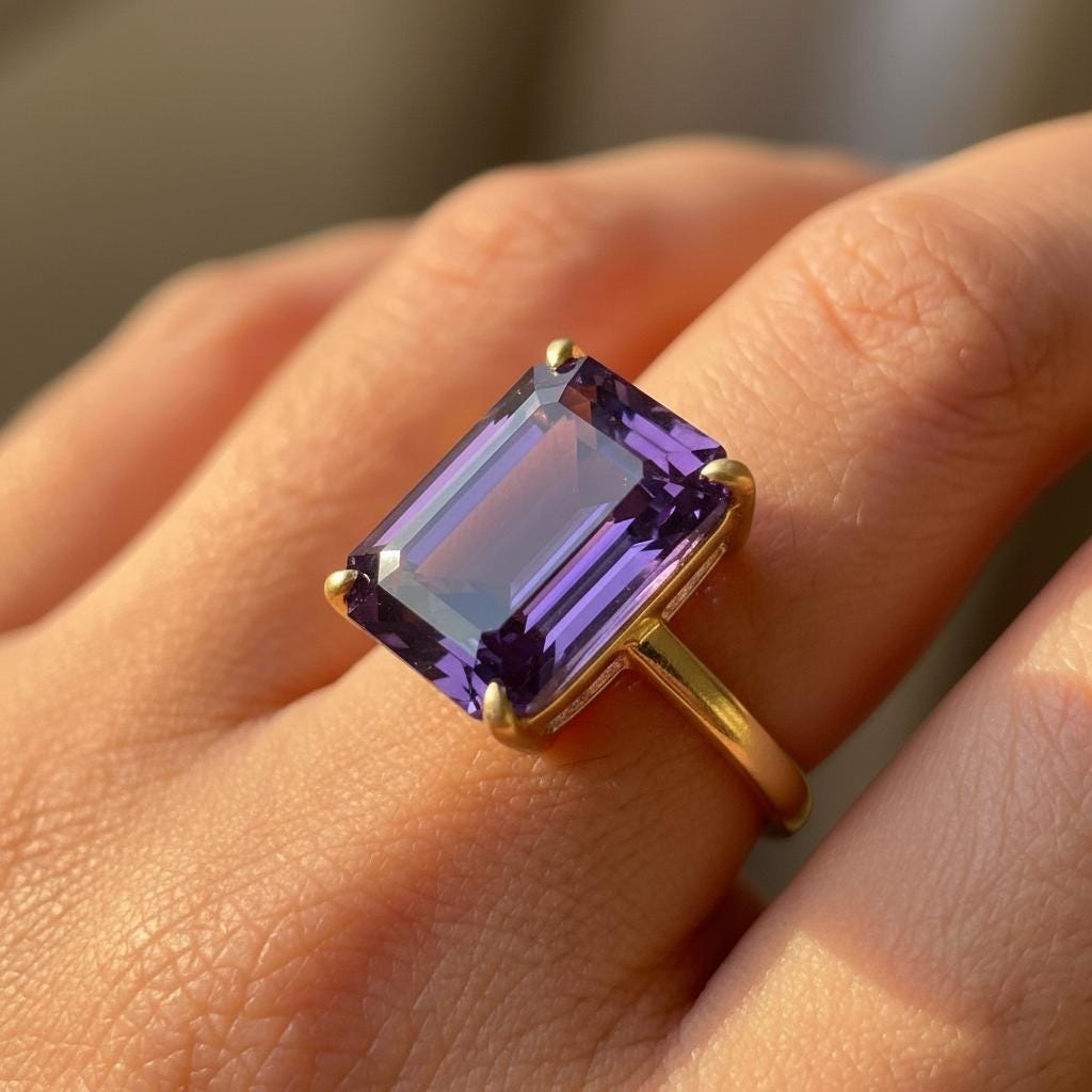 Large Amethyst Ring, Emerald Cut 12 x 16 Amethyst Ring, 14K Gold Statement Ring, February Birthstone, Gift For Mother