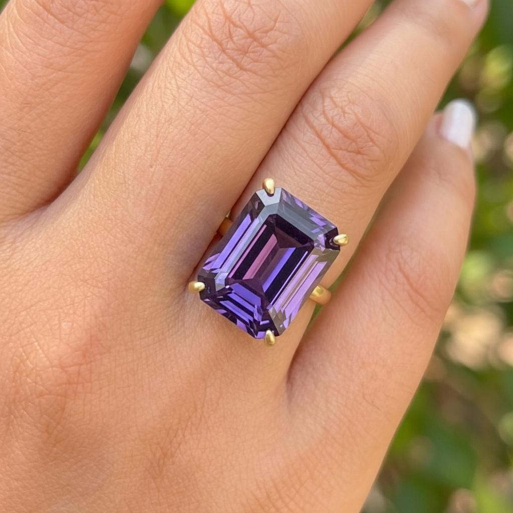 Large Amethyst Ring, Emerald Cut 12 x 16 Amethyst Ring, 14K Gold Statement Ring, February Birthstone, Gift For Mother