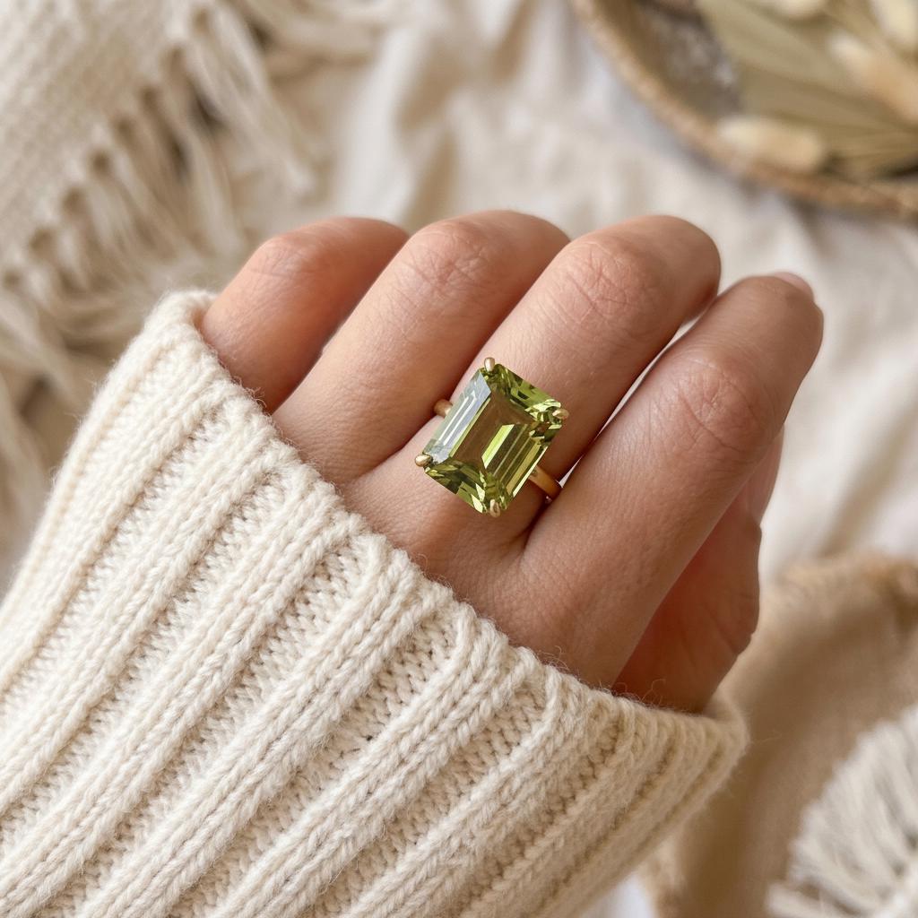 Large Peridot Ring, Emerald Cut 12 x 16 Peridot Ring, 14K Gold Statement Ring, August Birthstone, Gift For Mother