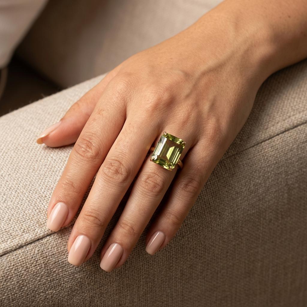 Large Peridot Ring, Emerald Cut 12 x 16 Peridot Ring, 14K Gold Statement Ring, August Birthstone, Gift For Mother