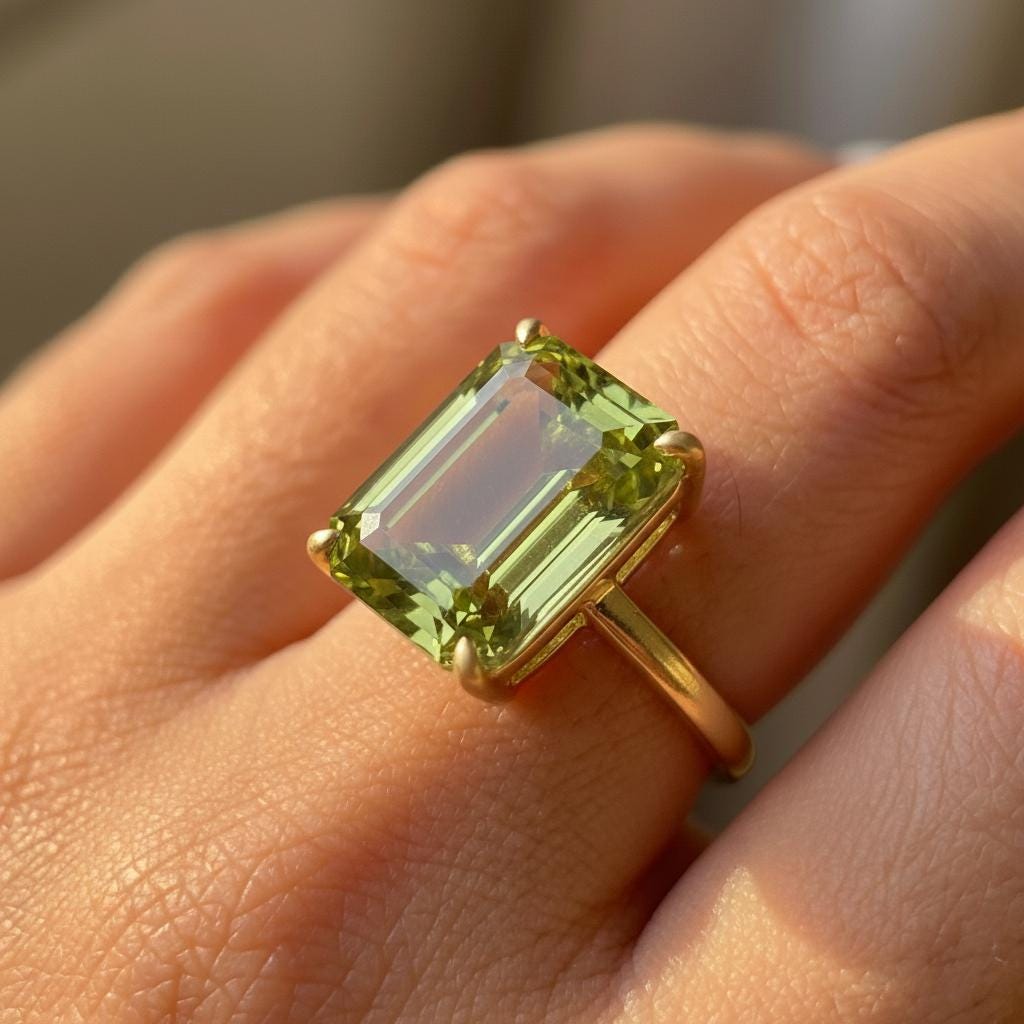 Large Peridot Ring, Emerald Cut 12 x 16 Peridot Ring, 14K Gold Statement Ring, August Birthstone, Gift For Mother