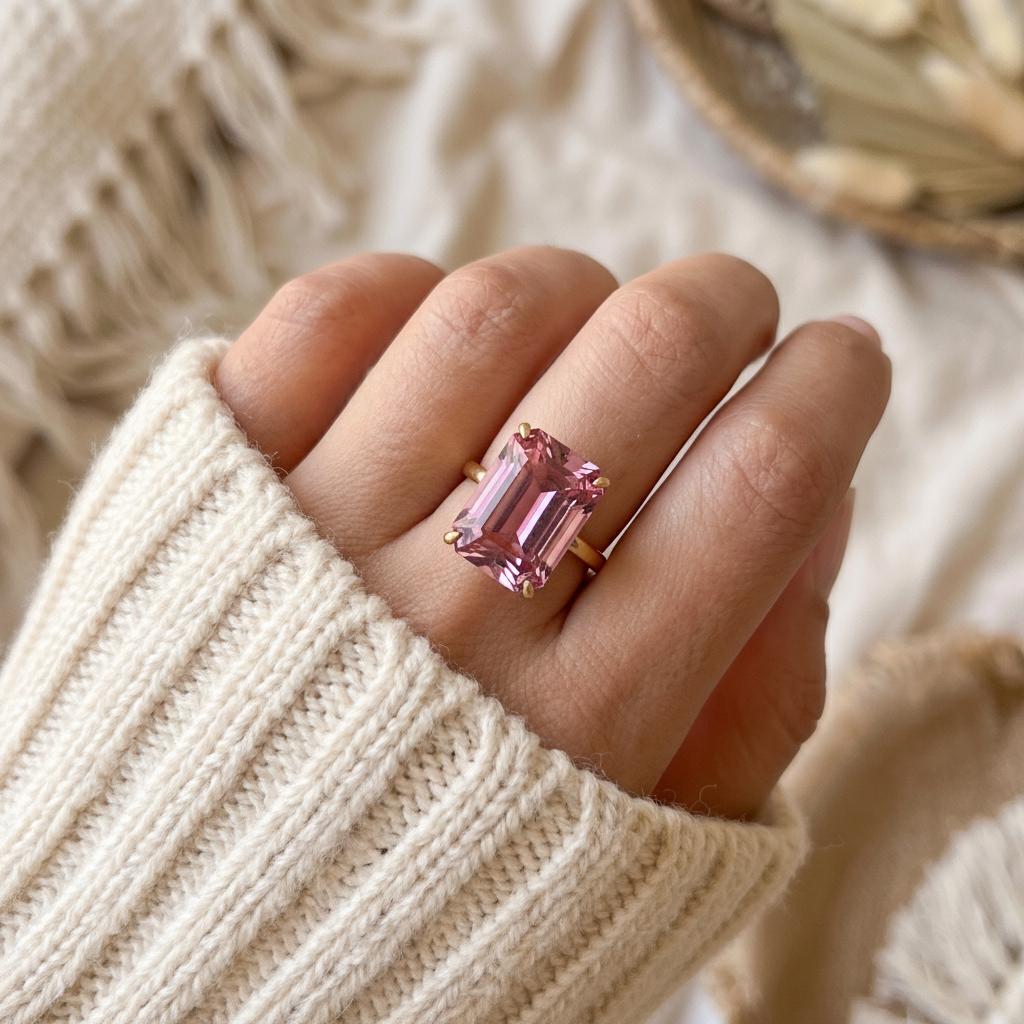 Large Pink Tourmaline Ring, Emerald Cut 12 x 16 Tourmaline Ring, 14K Gold Statement Ring, October Birthstone, Gift For Mother