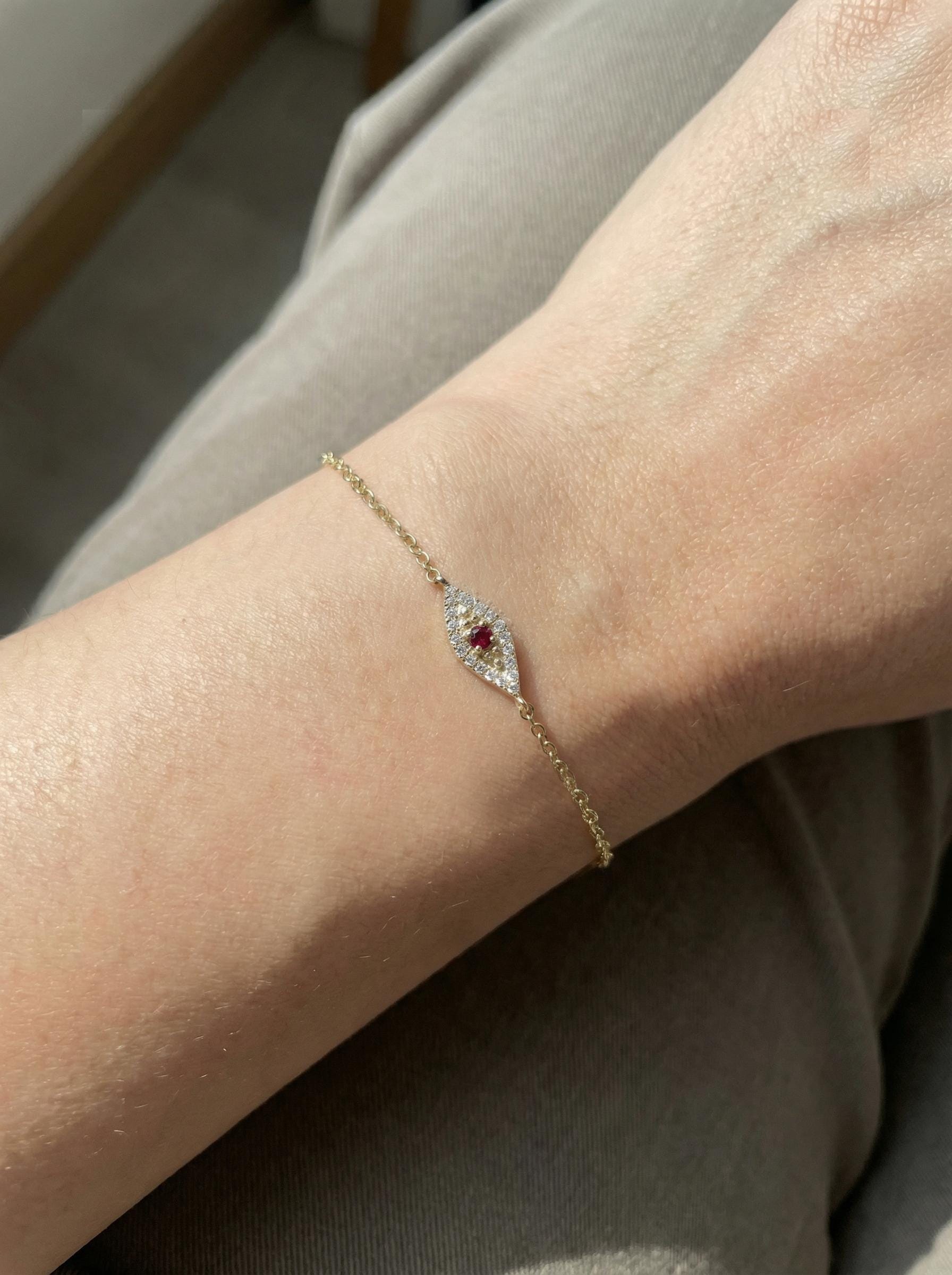 Garnet Evil Eye Bracelet, January Birthstone Protection Jewelry, 14K Gold Talisman Bracelet, Bridesmaid Gift for Her