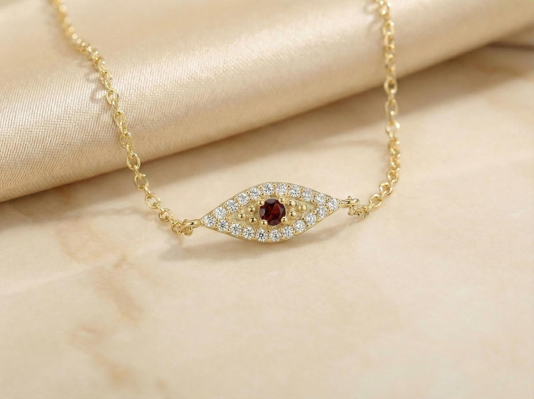 Garnet Evil Eye Bracelet, January Birthstone Protection Jewelry, 14K Gold Talisman Bracelet, Bridesmaid Gift for Her