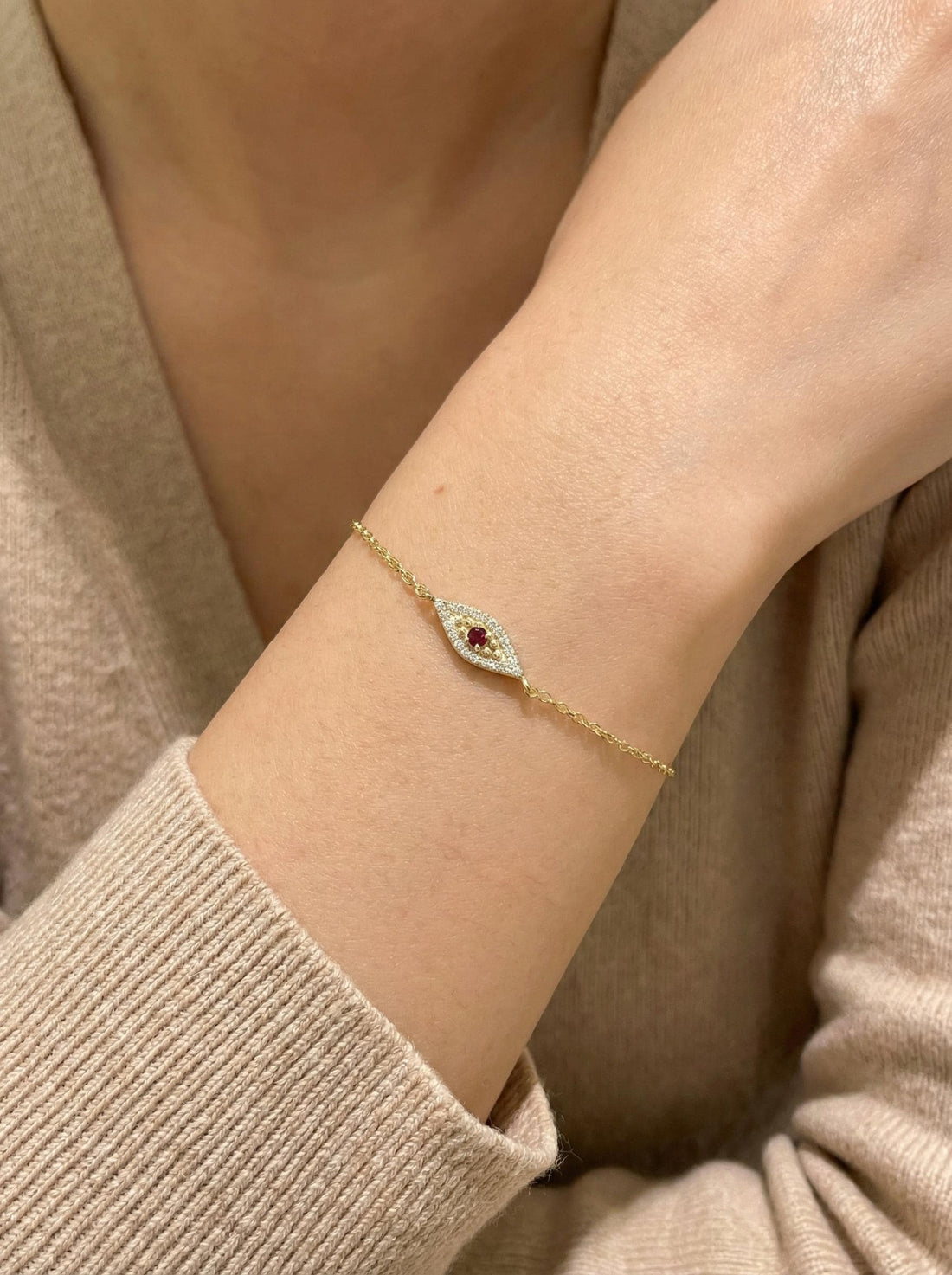 Garnet Evil Eye Bracelet, January Birthstone Protection Jewelry, 14K Gold Talisman Bracelet, Bridesmaid Gift for Her