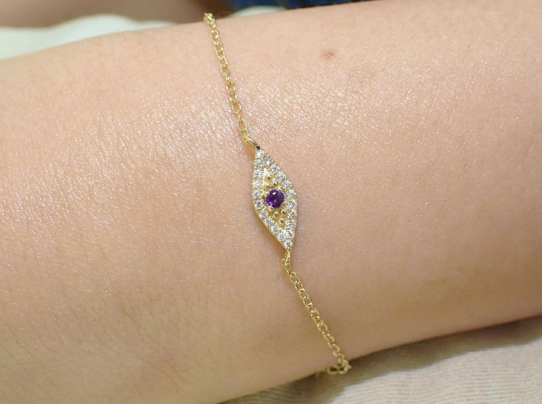 Amethyst Evil Eye Bracelet, February Birthstone Protection Jewelry, Gold Talisman Bracelet, Bridesmaid Gift for Her