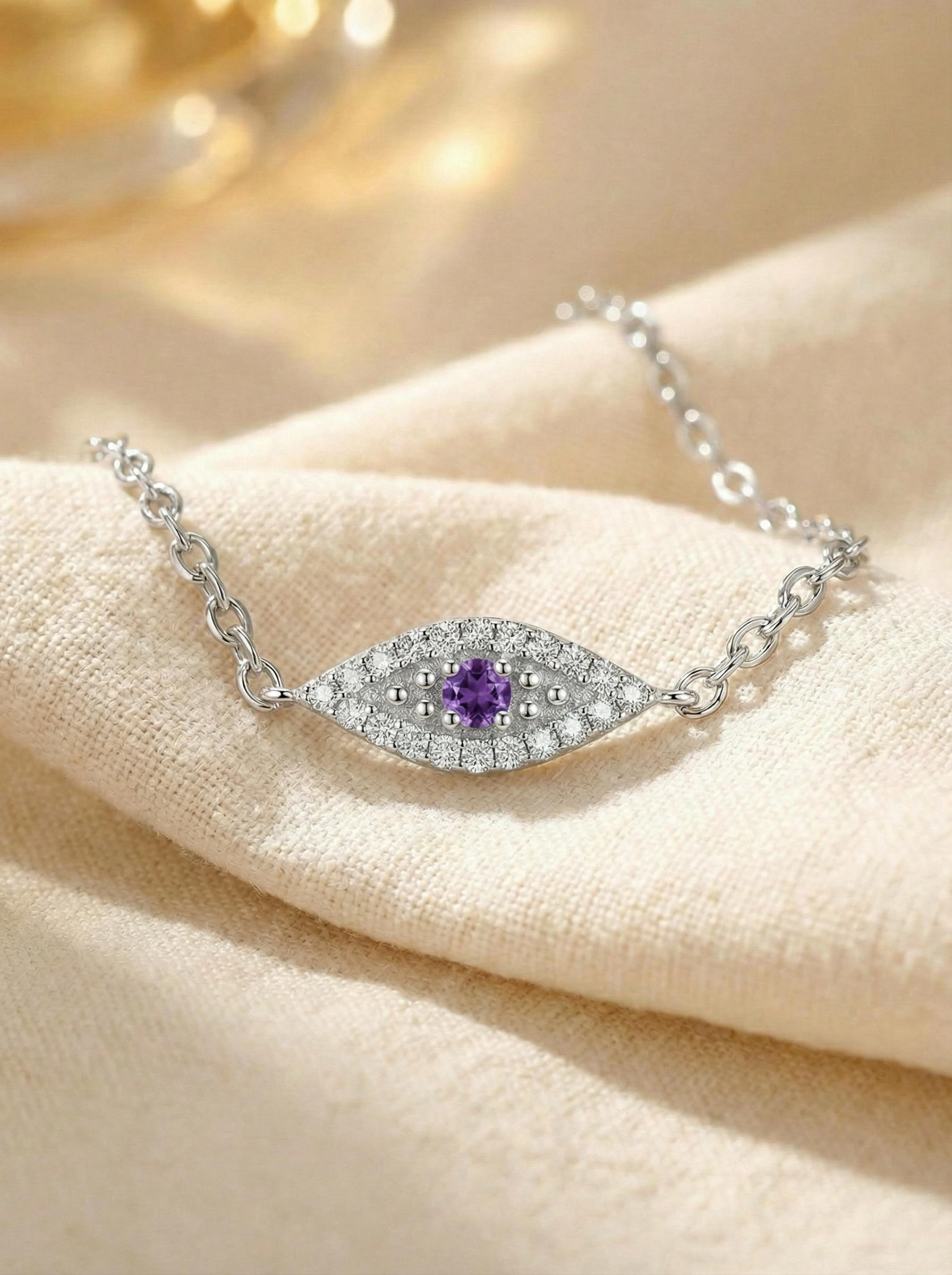 Amethyst Evil Eye Bracelet, February Birthstone Protection Jewelry, Gold Talisman Bracelet, Bridesmaid Gift for Her