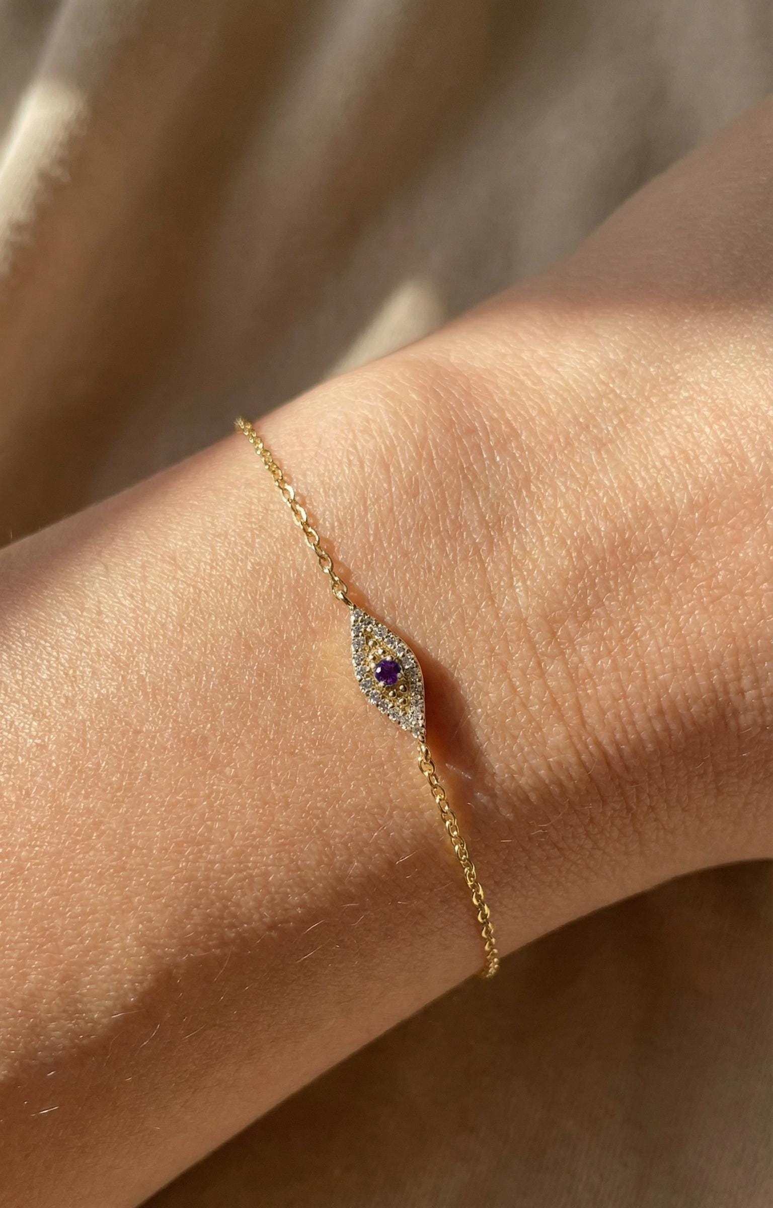 Amethyst Evil Eye Bracelet, February Birthstone Protection Jewelry, Gold Talisman Bracelet, Bridesmaid Gift for Her