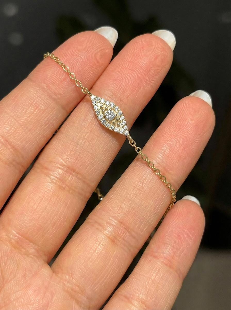 Moissanite Evil Eye Bracelet, Gold Protection Bracelet, Dainty Talisman Jewelry, Bridesmaid Gift for Her