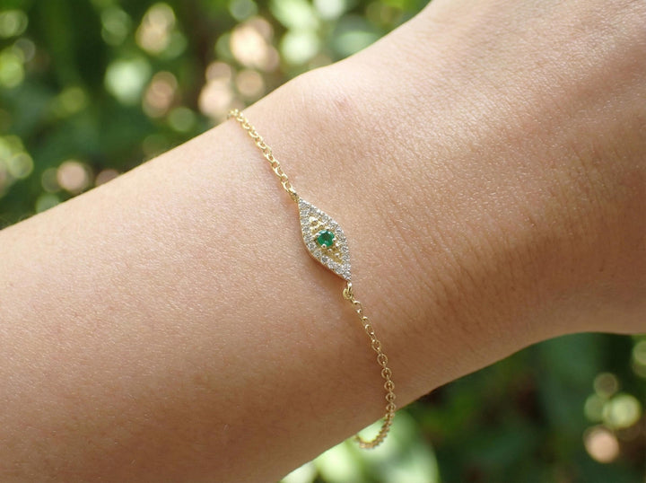 Emerald Evil Eye Solid Gold Bracelet, 14K Gold Micro Pave Diamond Bracelet, Protective Evil Eye, Gift For Her, May Birthstone