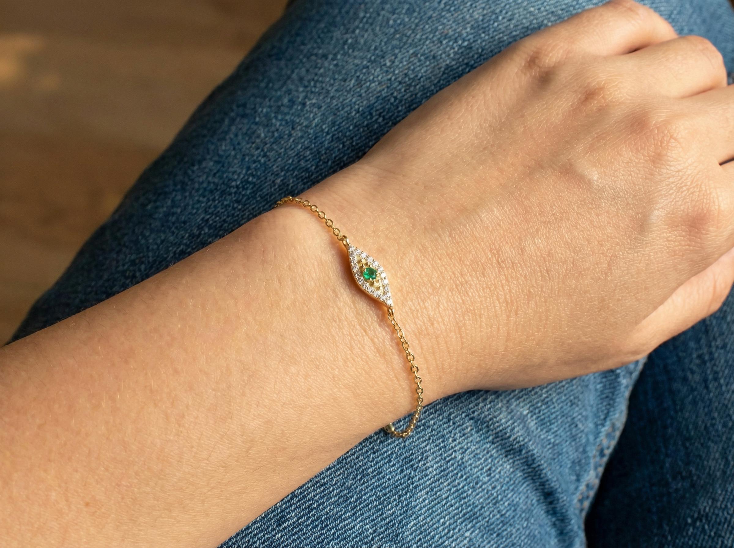 Emerald Evil Eye Solid Gold Bracelet, 14K Gold Micro Pave Diamond Bracelet, Protective Evil Eye, Gift For Her, May Birthstone