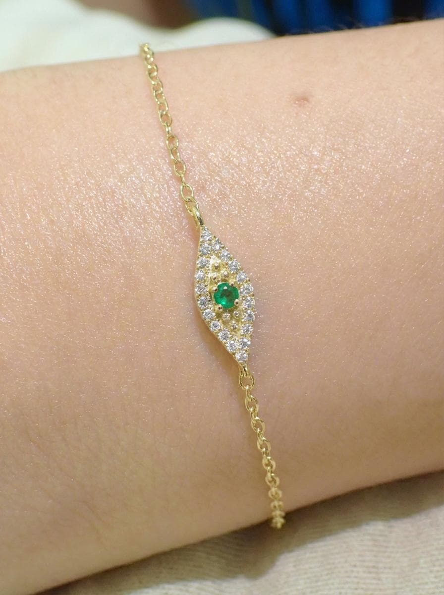 Emerald Evil Eye Solid Gold Bracelet, 14K Gold Micro Pave Diamond Bracelet, Protective Evil Eye, Gift For Her, May Birthstone