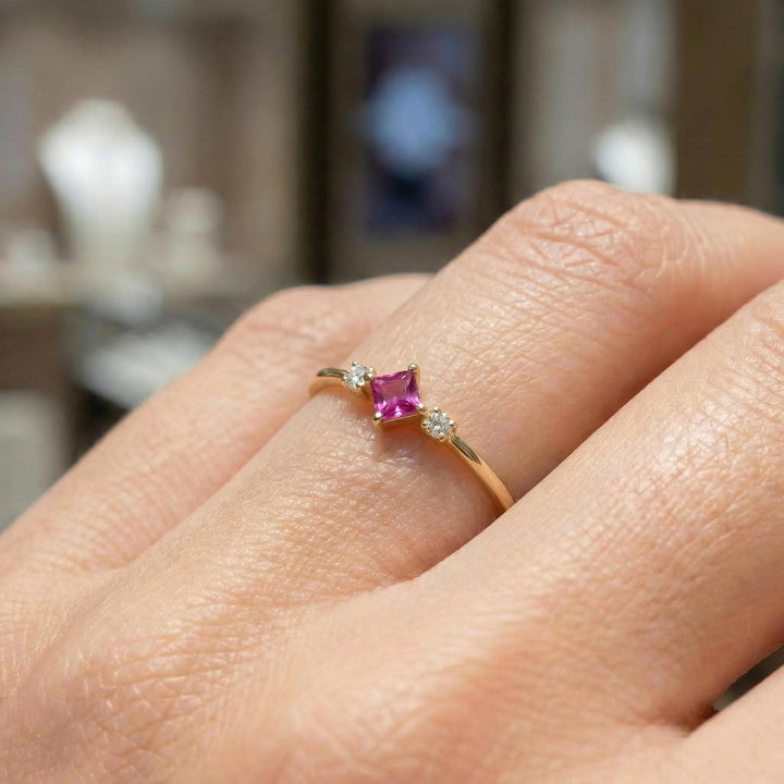 Princess Cut Pink Sapphire Engagement Ring, Three Stone Promise Ring, Dainty Art Deco Ring, September Birthstone Jewelry for Her