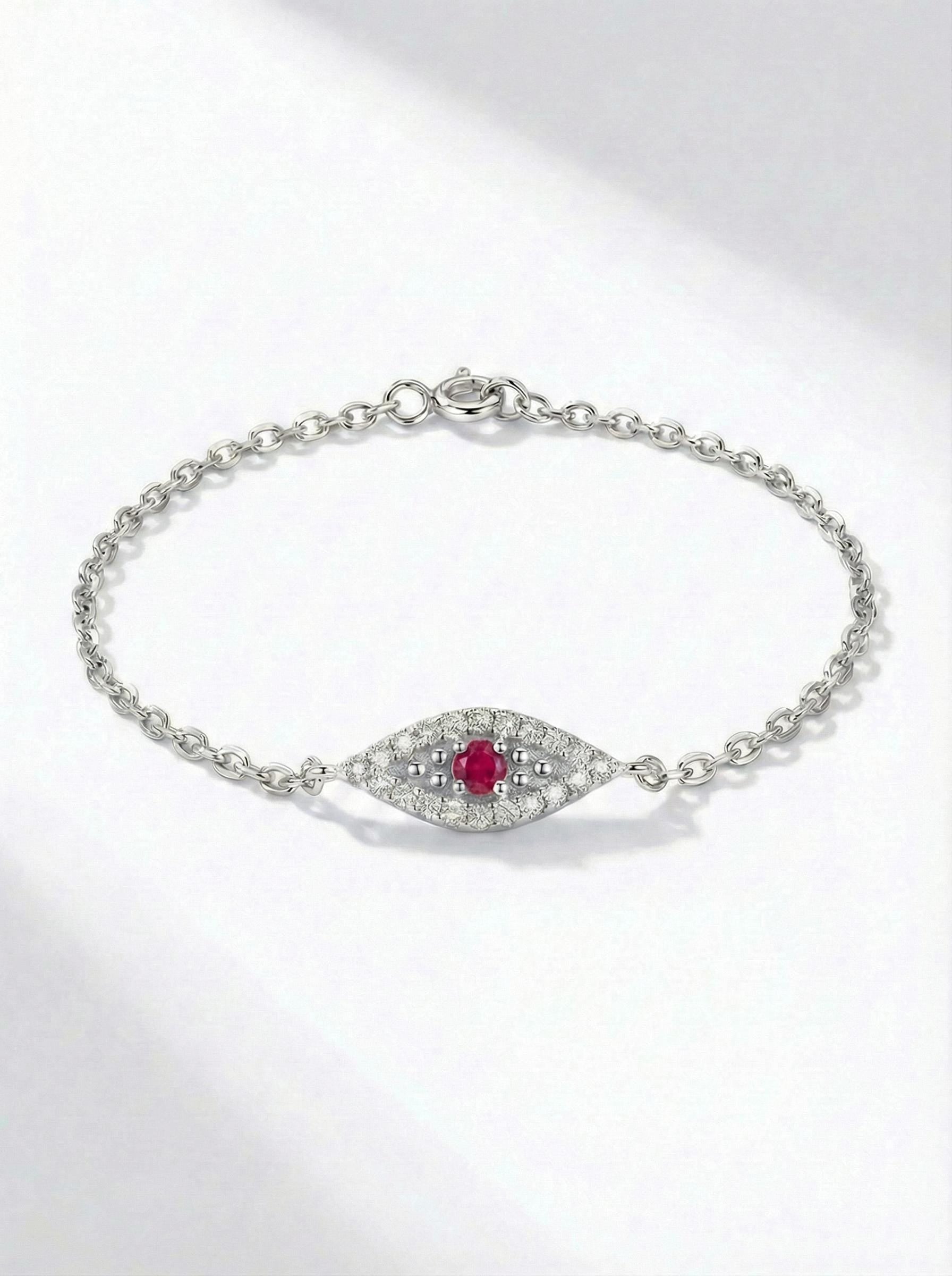 Ruby Evil Eye Bracelet, 14K Gold Micro Pave Diamond Bracelet, Self Purchase, Modern Woman Jewelry, July Birthstone