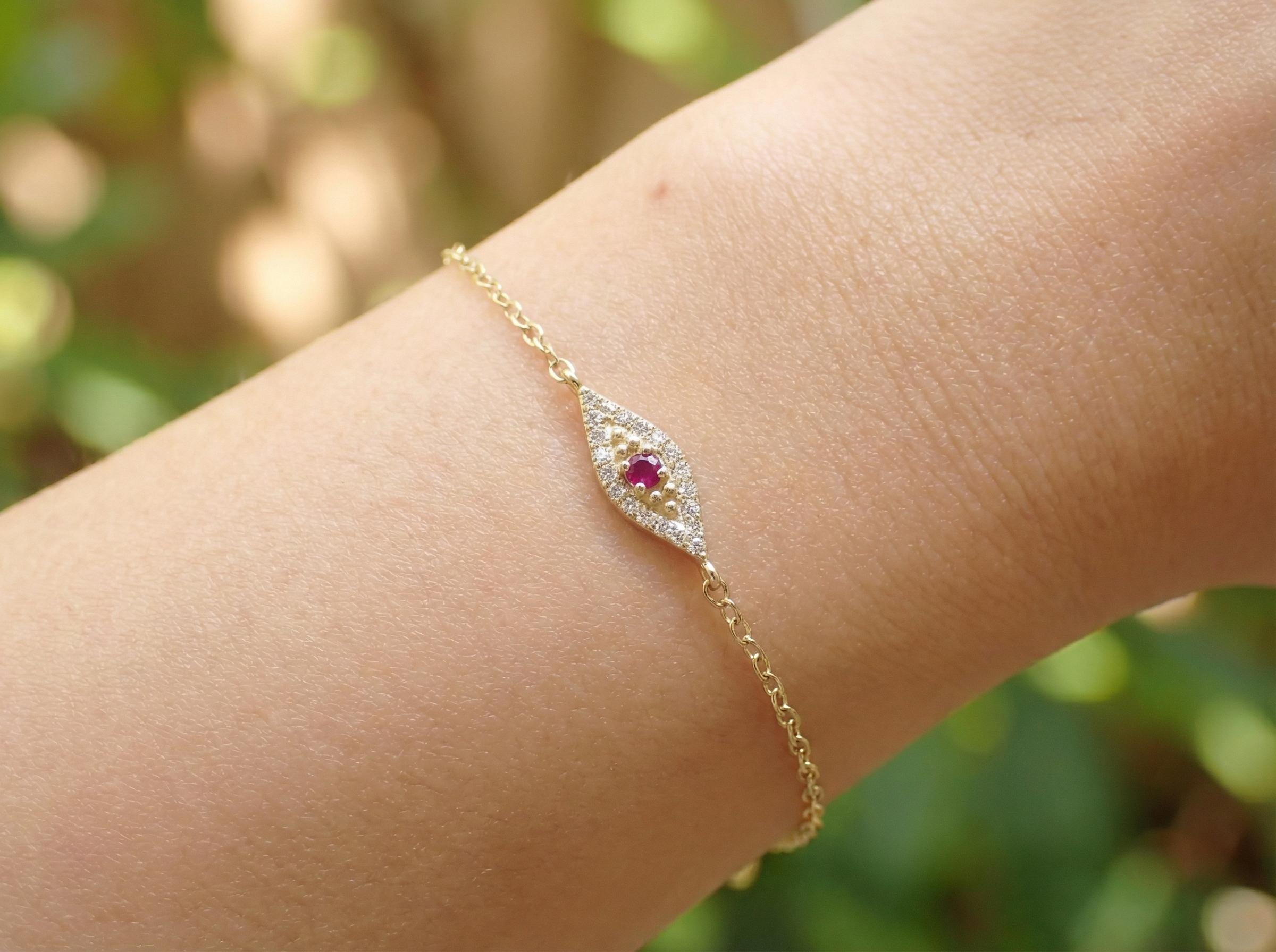 Ruby Evil Eye Bracelet, 14K Gold Micro Pave Diamond Bracelet, Self Purchase, Modern Woman Jewelry, July Birthstone