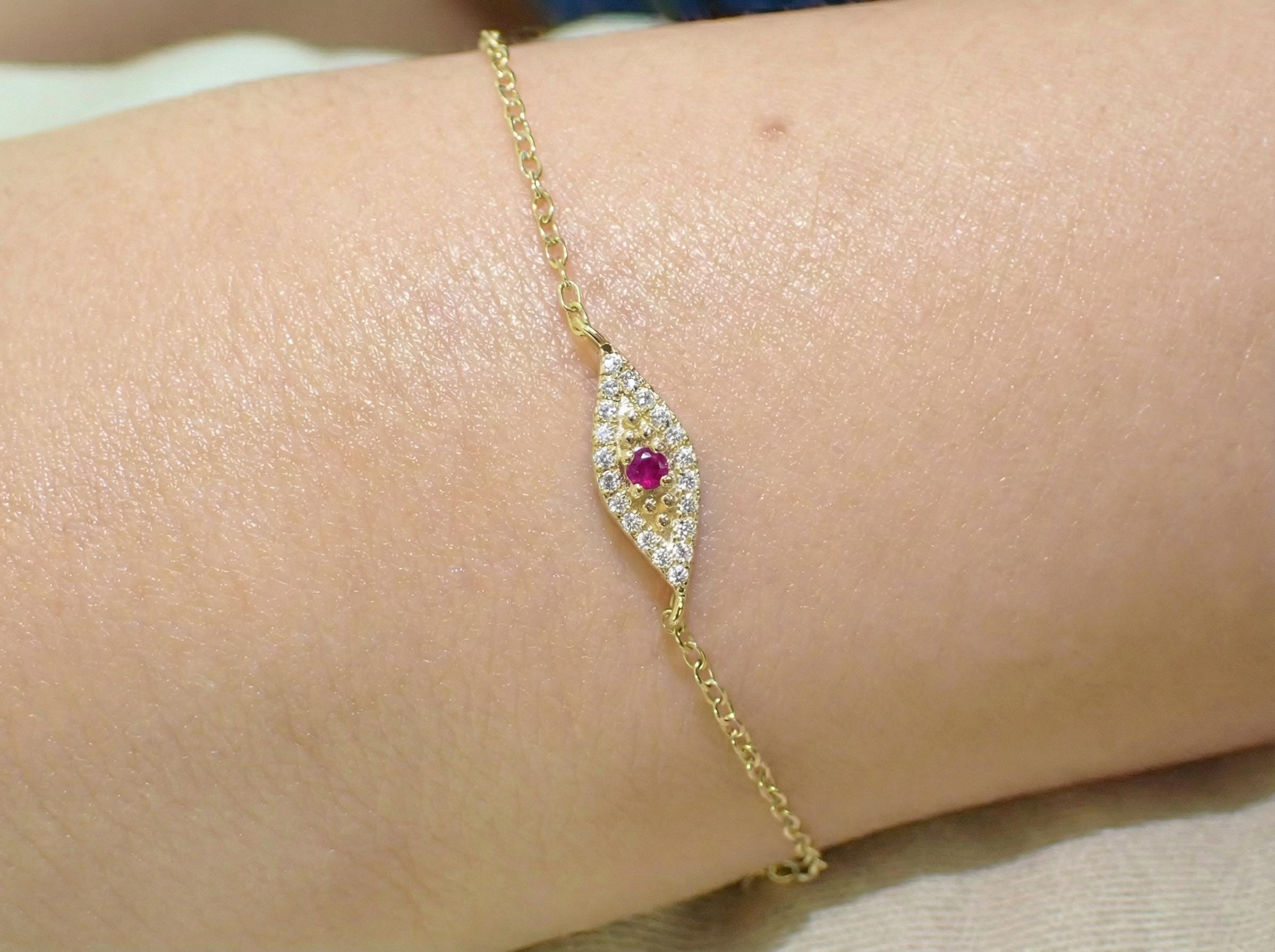 Ruby Evil Eye Bracelet, 14K Gold Micro Pave Diamond Bracelet, Self Purchase, Modern Woman Jewelry, July Birthstone