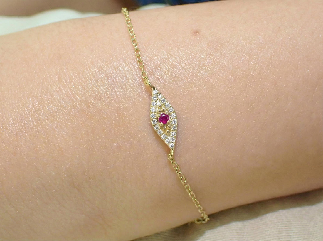 Ruby Evil Eye Bracelet, 14K Gold Micro Pave Diamond Bracelet, Self Purchase, Modern Woman Jewelry, July Birthstone