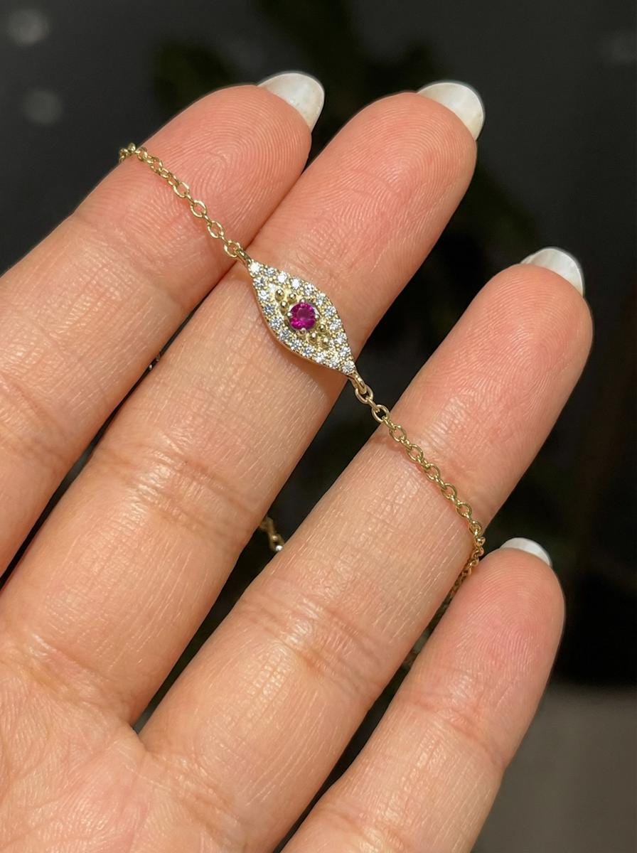 Ruby Evil Eye Bracelet, 14K Gold Micro Pave Diamond Bracelet, Self Purchase, Modern Woman Jewelry, July Birthstone