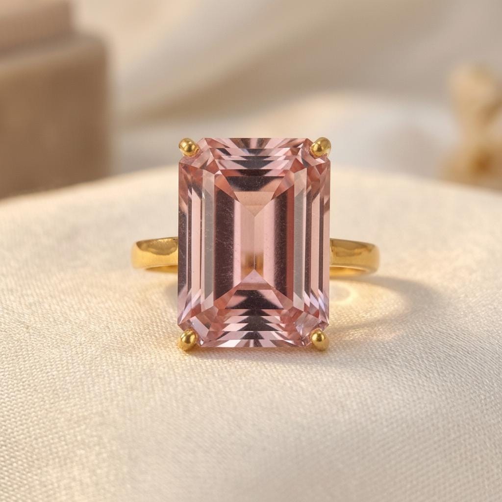 Morganite Ring, 14K Gold Statement Ring, Large Morganite Ring, Emerald Cut 12 x 16, Statement Ring