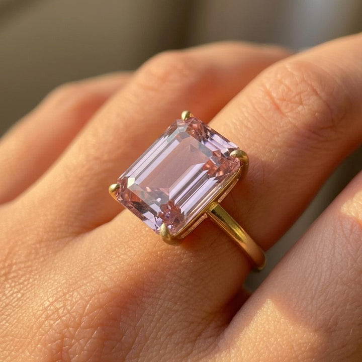 Morganite Ring, 14K Gold Statement Ring, Large Morganite Ring, Emerald Cut 12 x 16, Statement Ring