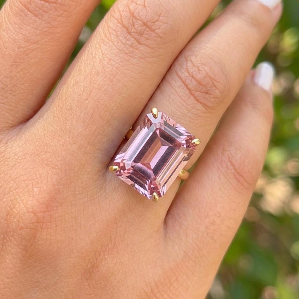 Morganite Ring, 14K Gold Statement Ring, Large Morganite Ring, Emerald Cut 12 x 16, Statement Ring