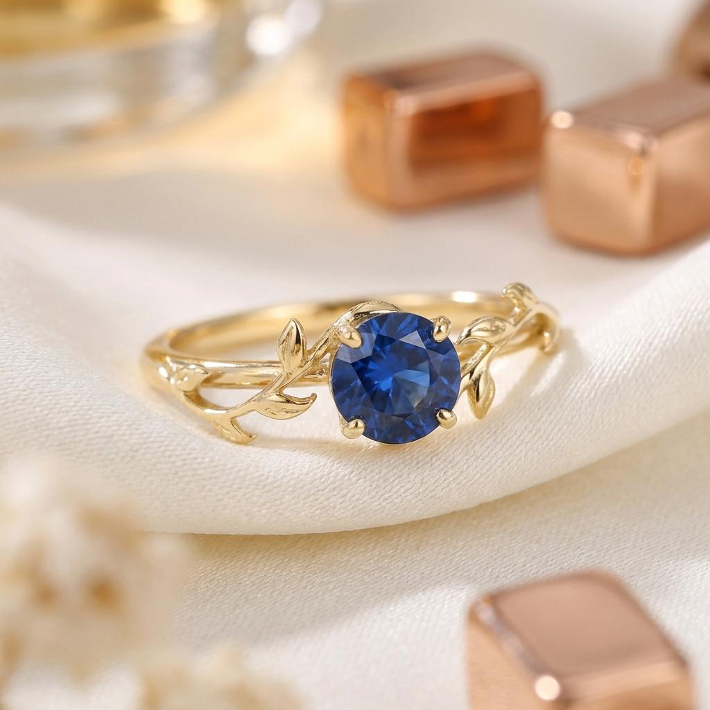 0.8ct Blue Sapphire Ring, September Birthstone Ring, Vintage Nature Inspired Vine Ring, Dainty Stackable Gift for Her