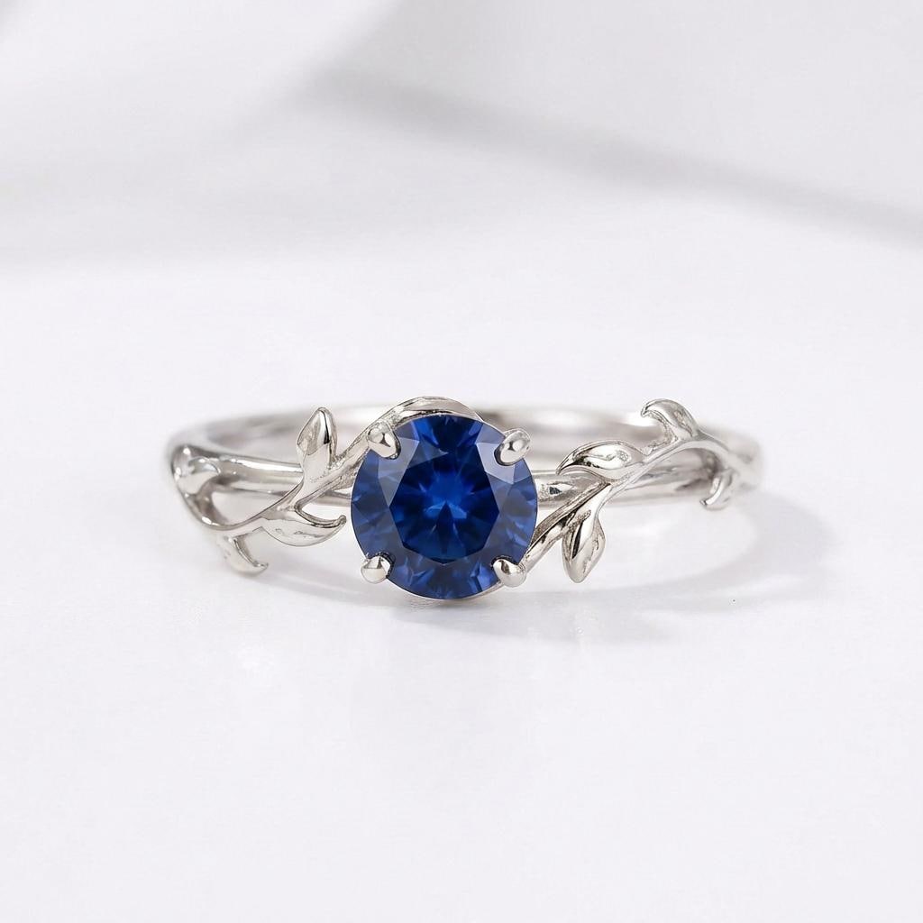 0.8ct Blue Sapphire Ring, September Birthstone Ring, Vintage Nature Inspired Vine Ring, Dainty Stackable Gift for Her