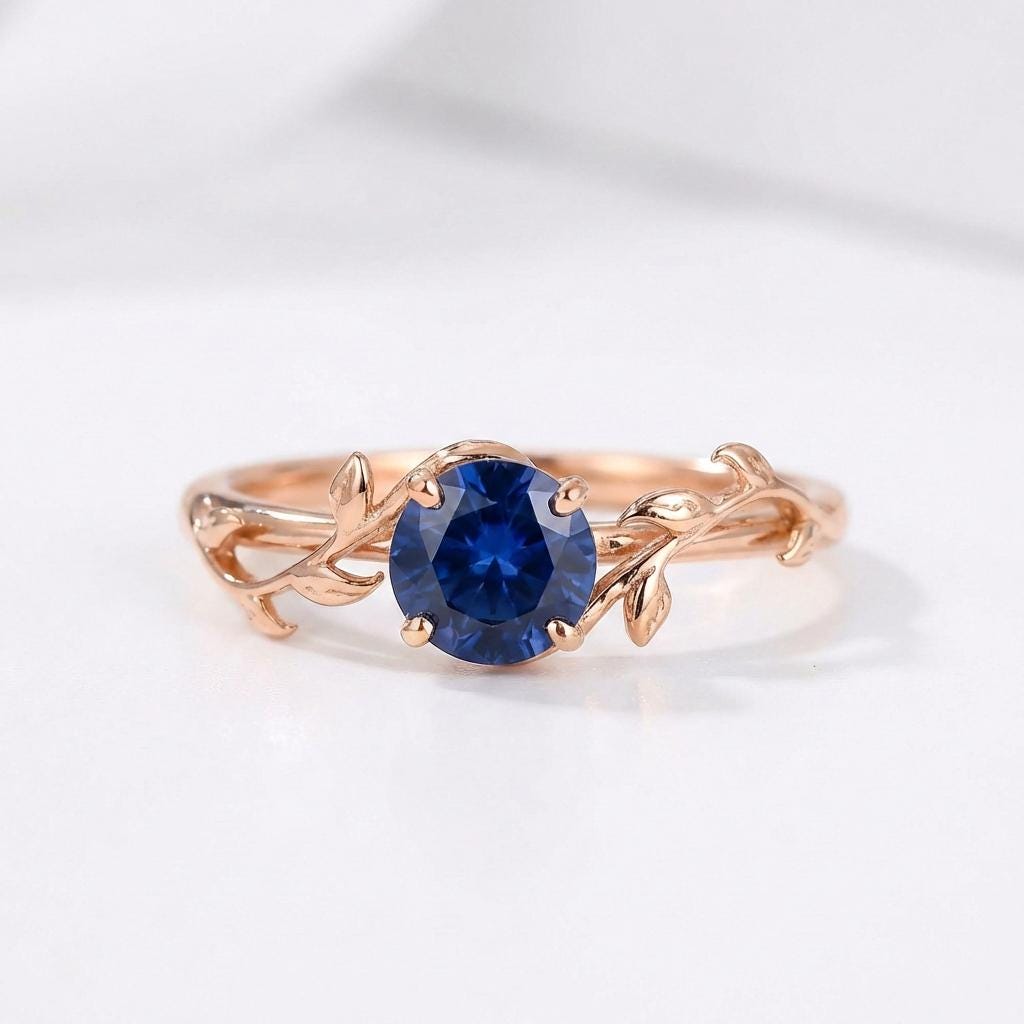 0.8ct Blue Sapphire Ring, September Birthstone Ring, Vintage Nature Inspired Vine Ring, Dainty Stackable Gift for Her