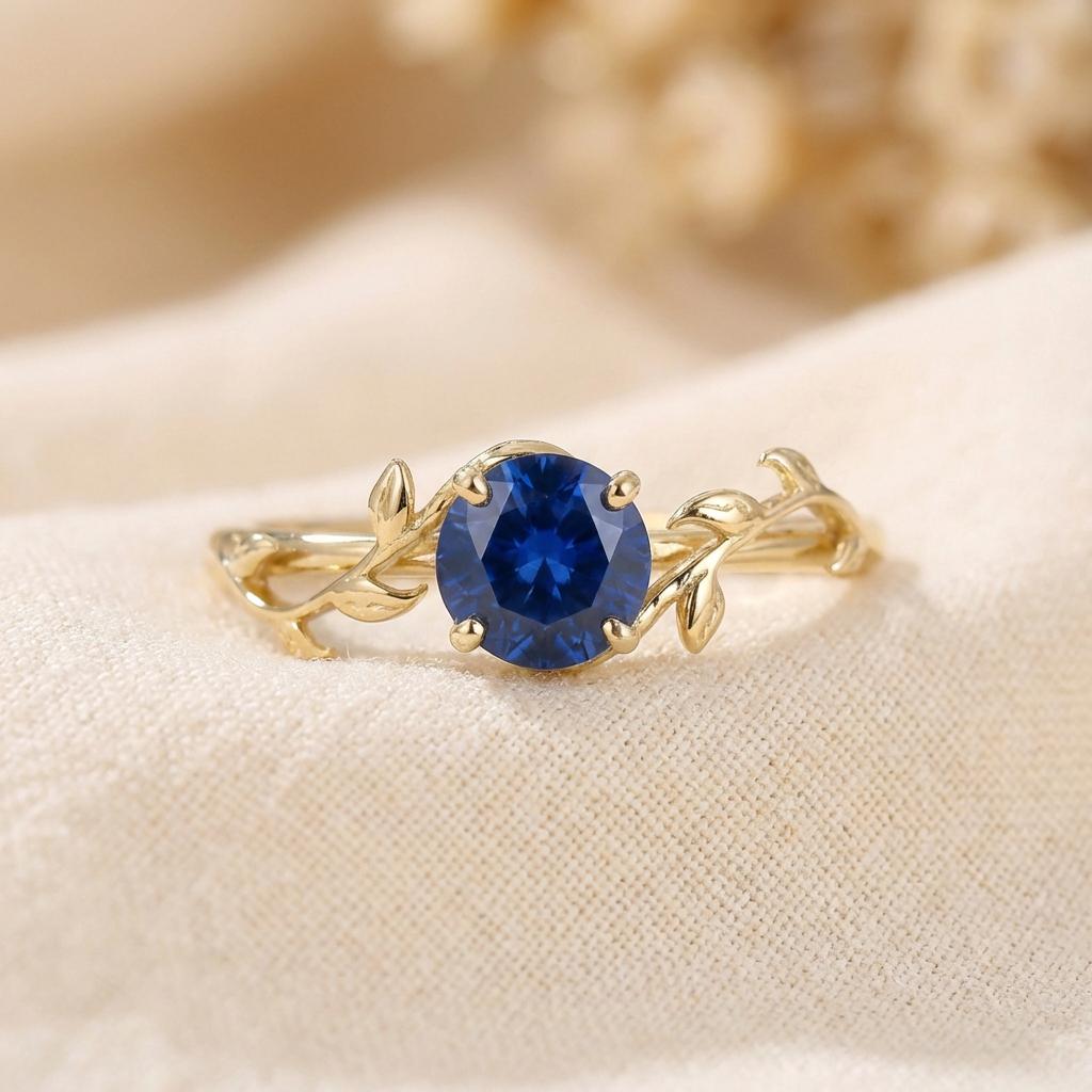 0.8ct Blue Sapphire Ring, September Birthstone Ring, Vintage Nature Inspired Vine Ring, Dainty Stackable Gift for Her