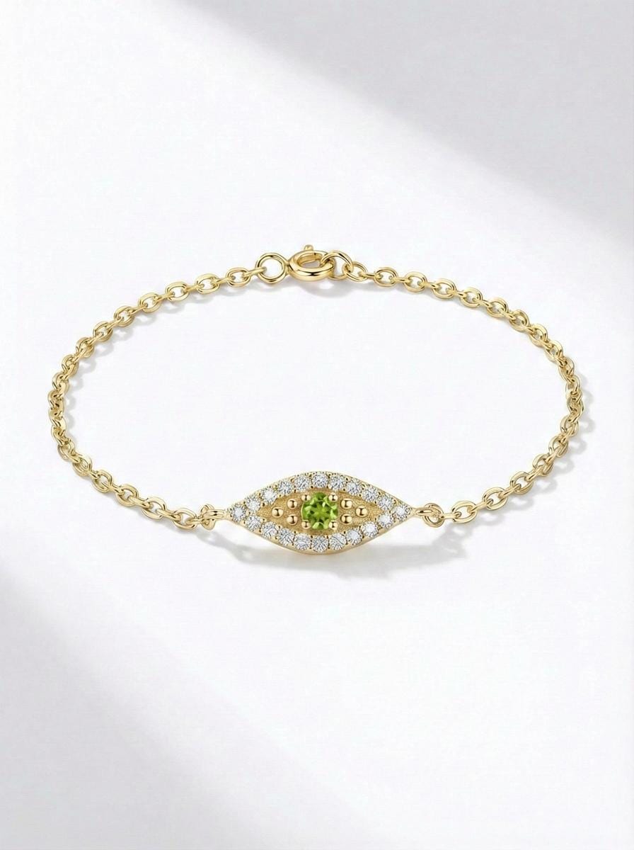 Peridot Evil Eye Bracelet, August Birthstone Protection Jewelry, Gold Talisman Bracelet, Bridesmaid Gift for Her
