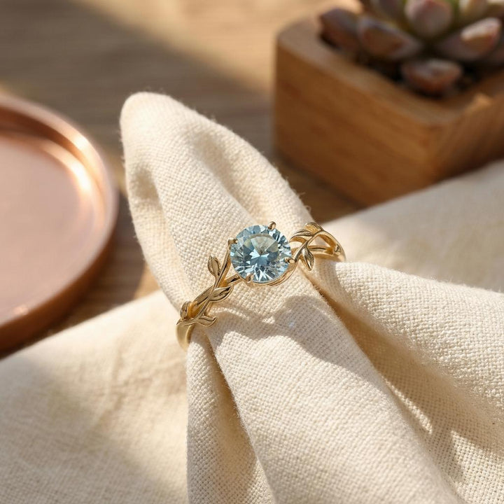 0.8ct Aquamarine Ring, Vintage Round Aquamarine Ring, Custom Stacking Ring, March Birthstone Ring, Vine Nature Ring