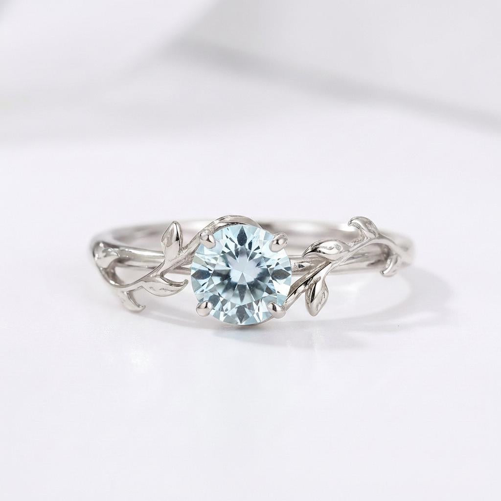 0.8ct Aquamarine Ring, Vintage Round Aquamarine Ring, Custom Stacking Ring, March Birthstone Ring, Vine Nature Ring