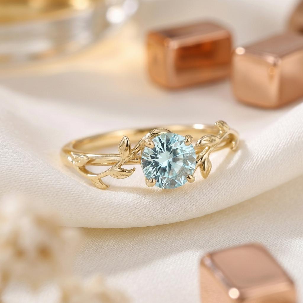 0.8ct Aquamarine Ring, Vintage Round Aquamarine Ring, Custom Stacking Ring, March Birthstone Ring, Vine Nature Ring
