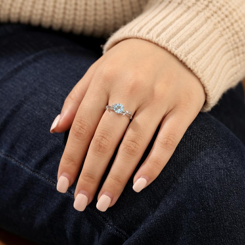0.8ct Aquamarine Ring, Vintage Round Aquamarine Ring, Custom Stacking Ring, March Birthstone Ring, Vine Nature Ring