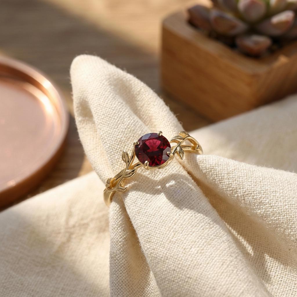 0.8ct Round Garnet Ring, January Birthstone Promise Ring, Nature Inspired Vine Ring, Vintage Stackable Gemstone Ring for Her