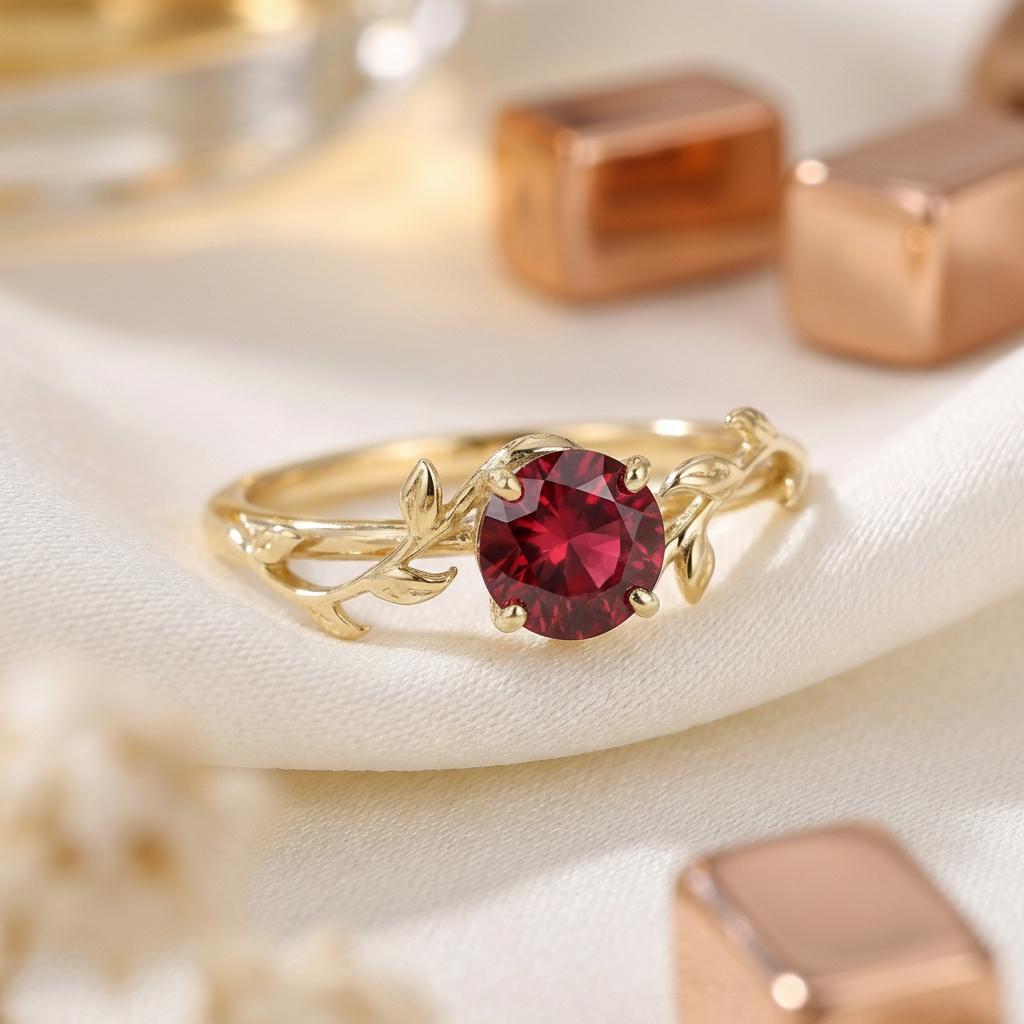 0.8ct Round Garnet Ring, January Birthstone Promise Ring, Nature Inspired Vine Ring, Vintage Stackable Gemstone Ring for Her